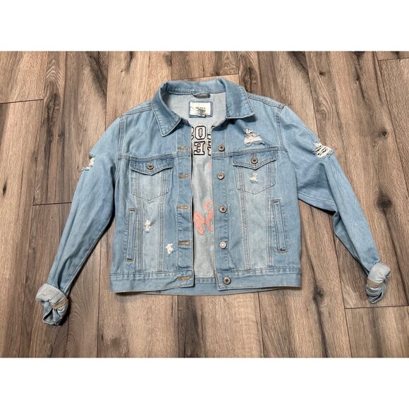 Los Angeles Girl Squad Denim Jacket Distressed Blue Forever 21 S Lightweight Cas - Picture 2 of 6